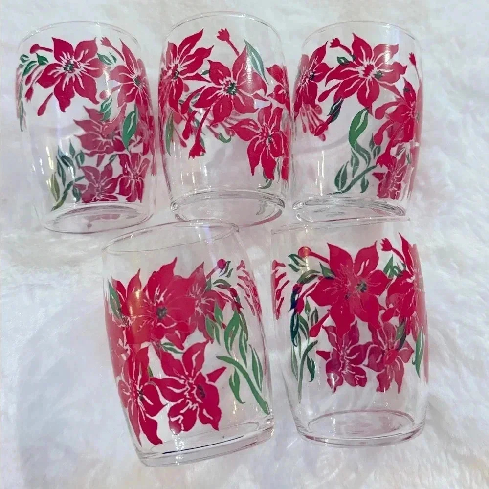 Vintage Pointsetta Christmas Juice Glass Set of Five Holiday Glasses Party EUC - Picture 2 of 12